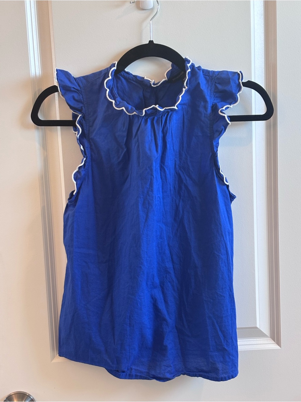 Banana Republic Royal Blue Ruffle Neck Sleeveless Top with White Trim